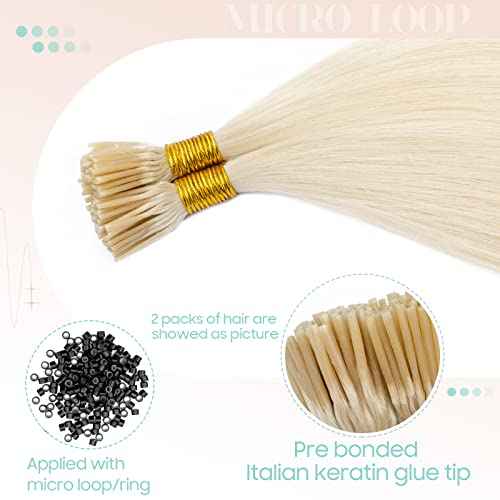 S-noilite Pre bonded I Tip Hair Extensions Human Hair Cold Fusion Stick Tip Real Human Hair Piece Invisible Keratin Glue Hair Extensions Full Head 100 Strands 50g 16 Inch (#60 Platinum Blonde)