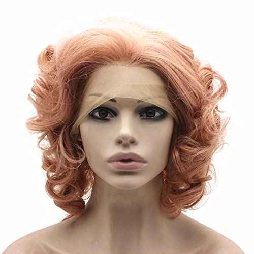 MX angel Short Curly Synthetic Hair Lace Front Rose Pink Wig Heat Friendly Fiber Hair
