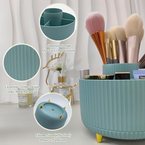 Cendray 360 Rotating Makeup Brush Holder, Makeup Desk Organizer with 5 Slots Cosmetic Brushes Storage,Makeup Organizer for Vanity, Bedroom Decor, Bathroom Organizer (Blue)