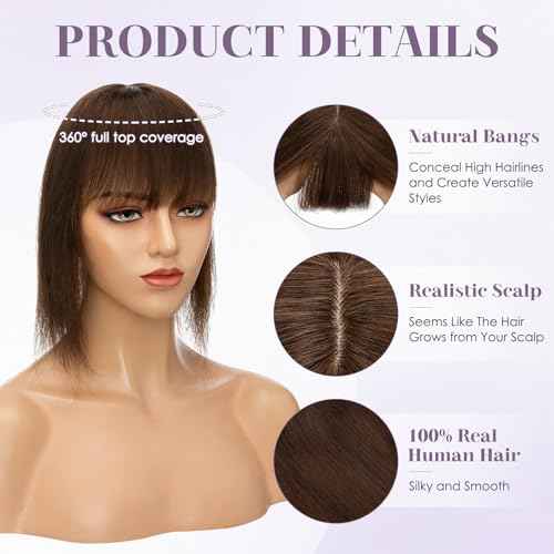 Hair Toppers for Women Real Human Hair 16 Inch Long Straight Toppers for Women with Thinning 7 * 13CM Silk Base Clip in Hairpieces with Bangs (Medium Brown)