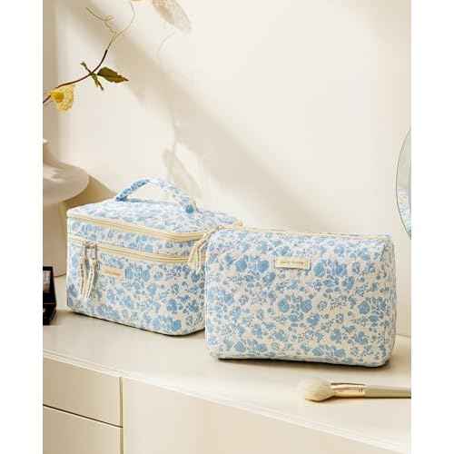 HBselect 2Pcs Travel Makeup Bag, Large Cotton Quilted Makeup Bag Cosmetic Bag Cute Make up Bag Toiletry Bags for Women Girls