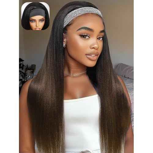 YIROO Headband Human Hair Wig Ombre Brown Yaki Straight Glueless Put on and Go Wigs with Dark Roots Drawstring Chestnut Brown 12A Highlight No Lace No Glue 30S Ready to Wear Headband Wigs 18Inch