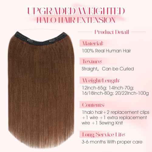 Rich Choices 100% Real Human Halo Hair Extensions for Women Remy Halo Extension Invisible Wire Hairpiece Clip in One Piece Hairpiece Upgrade Adds Weight 65g 12 Inch #4 Medium Brown