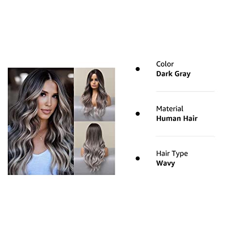 Haoland 26 Inch Long Gray Wig For Women Ombre Gray With Dark Roots Wavy Wig Middle Part Synthetic Wig For Cosplay Daily Party Use