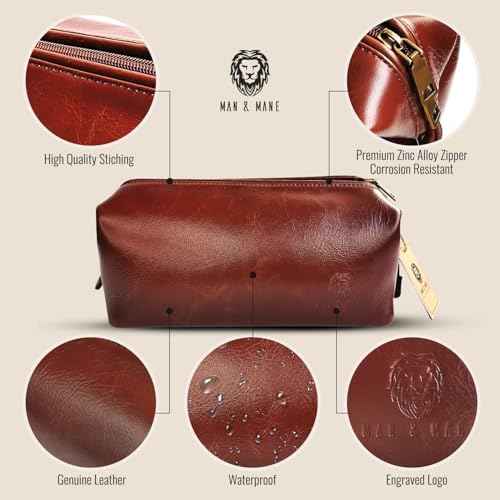 MAN & MANE Premium Leather Toiletry Bag for Men & Women ? Classic Dopp Kit Travel Shaving Bag (Cognac Brown)