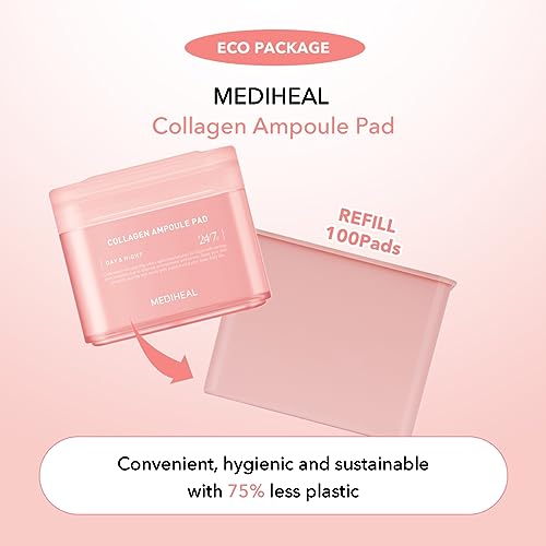 (Only Refill) Mediheal Collagen Ampoule Pad (100 Pads) - Cotton Facial Toner Pads for Skin Firming & Restore Elasticity - Vegan Eco Silk Pad