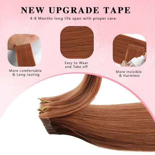 ABH AMAZINGBEAUTY HAIR Invisi Edge Tape in Hair Extensions Real Human Hair, Seamless Injected Hand-Tied Virgin Human Hair Pro Quality Tape ins 20PCS 50G/Pack, Auburn Color #30 22Inch