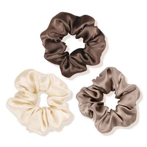 OLESILK 100% Mulberry Silk-Scrunchies for Hair Sleep, Women Grils Silk Hair Ties for Frizz & Breakage Curly Hair, No Damage, Elastics Ponytail Holder, 3 Pack