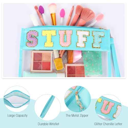 Nuanchu 9 Pcs Clear Chenille Letter Bag Stuff Pouch PVC Waterproof Preppy Cosmetic Makeup Bag Snack Travel Beach Pouch with Wrist Let for Teen Women Gifts Operation Christmas Thanksgiving Gifts Items