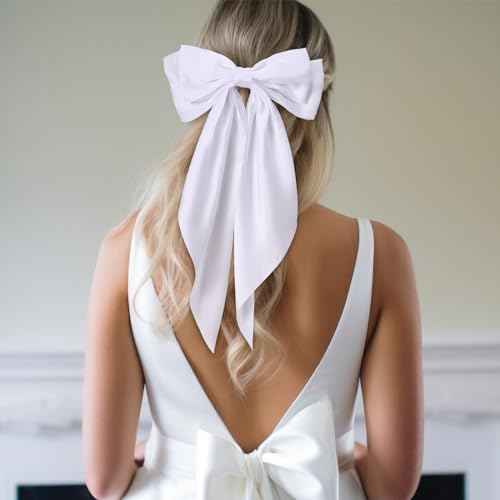Mimorou 25 Pcs Satin Hair Bows Bulk Silky Big Hair Bows for Women Oversized Long Tail Ribbons Large Knot Clips Barrettes for Holiday Gifts(Plain)