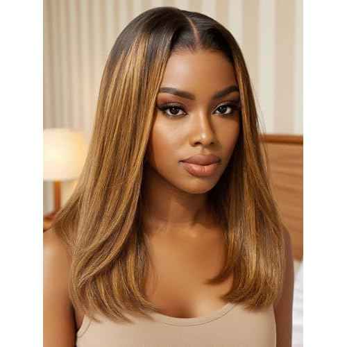 Beauty Forever Bob Wig Human Hair Brown With Blonde Piano Highlights Blunt Straight Wig Glueless 7x5 HD Lace Front Pre Cut Plucked Bye Bye Knots Ready to Go Short Wig 150% Density 14 Inches