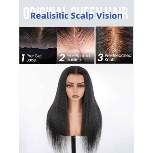 ORIGINAL QUEEN Kinky Straight Wig Wear and Go Glueless Wig Human Hair Pre Cut Pre Plucked 5X7 Large Lace Front Wigs Human Hair for Women 3D Dome Cap Beginner Friendly 16Inches