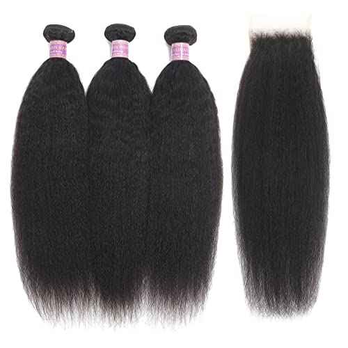 Kinky Straight Human Hair 3 Bundles With 4x4 Lace Closure Free Part 100% Unprocessed Brazilian Remy Yaki Straight Human Hair Extensions With Closure,Natural Black (12 12 12+10Closure)