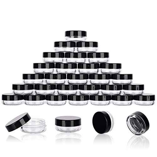 3 Gram Sample Containers with Lids, 50 Count Tiny Sample Jars, Empty Lip Balm Containers, Mini Cosmetic Containers with Lids, Makeup Travel Containers with Labels, Mini Disposable Spatulas