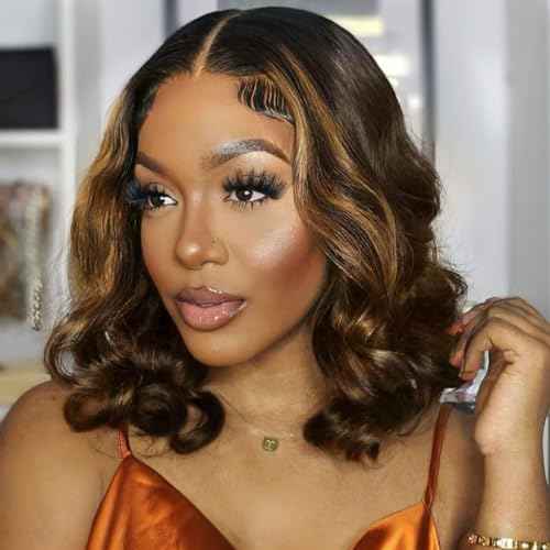 mscoco Bob Wig Human Hair 6¡¿5 Glueless Wigs Human Hair Pre Plucked Pre Cut 180% Density Closure Highlight Wig Human Hair for Black Women 1B/2/30 Wear and Go Honey Blonde Bob Wig 14inch