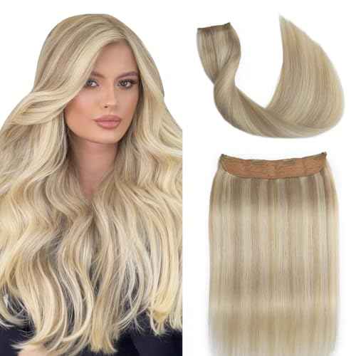 Sindra Wire Hair Extensions Human Hair Ash Blonde Highlights Bleach Blonde Fishing Line Remy Human Hair 22Inch 85g Remy Invisible Wire Extensions W22#18P613