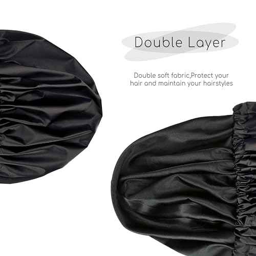 Shower Caps, Silk Lined Shower Cap for Women,Reusable,Adjustable Size, Washable & Waterproof,Large Satin Shower Cap-Black