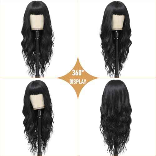 MINLEE Black Wig with Bangs for Women 26 Inch Long Wavy Wig Natural Black Hair Wigs Heat Resistant Synthetic Wig for Daily Party Use