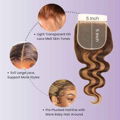 12A Highlight Honey Blonde 3 Bundles with 5x5 Closure Human Hair Body Wave, #P4/27 Ombre Brown Piano Colored Weaves Brazilian Virgin Bundles With 5x5 HD Lace Closure Pre Plucked Remy 10 12 14+10