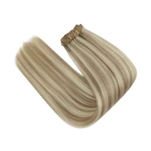 Fshine Clip in Hair Extensions Real Human Hair Ash Blonde Highlighted Golden Blonde Clip in Extensions Lace Double Weft Full Head Long Straight and Soft 18 Inch 120 g 7 pcs