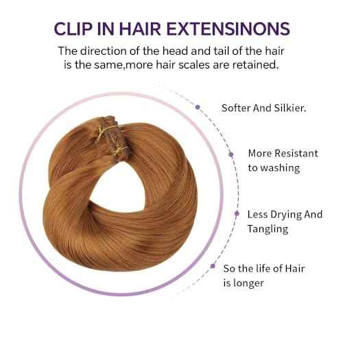 Remy Hair Extensions clip ins Hair Etensions for Women #30 Light Ginger Brown Double Weft Natural Hair Extensions Straight 8Pcs Soft and Thick 20inch 100g