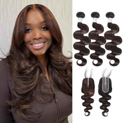 Brown Highlighted Bundles with 2x6 Closure Body Wave Human Hair, 12A Thick #F4/2 Dark Brown with Chestnut Highlight Human Hair Bundles and 2x6 Hd Lace Kim K Closure Long Deep Part 12 14 16+10 In