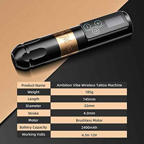 Ambition Rotary Tattoo Gun Kit, Vibe Wireless Tattoo Pen Machine Brushless Motor Dual 2400mAh Batteries with 100pcs Mixed Size Glory Tattoo Cartridge Needles for Pro Artists
