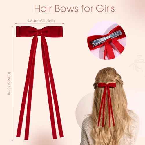 VOBOBE 2PCS Velvet Hair Bows for Women Girls, Tassel Ribbon Bowknot Hair Clips Barrettes for Girl with Small Long Tail Solid Hair Accessories (Red-Velvet)