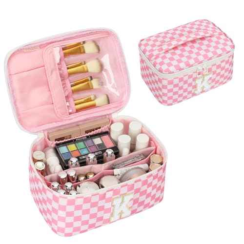 OCHEAL Makeup Bag for Women, Monogram Cosmetic Bag with Brush Holder, Pink Travel Makeup Case Beauty Toiletry Bag Organizer Personalized Gifts for Girls Bridesmaid, Sister, Wife, Friends Initial K