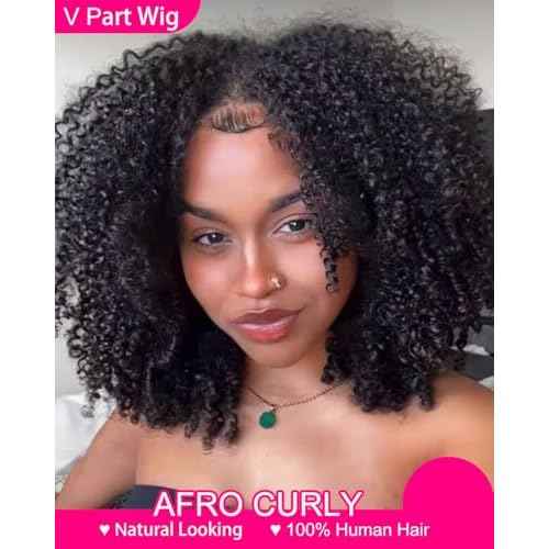 V SHOW Curly V Part Wig Human Hair Upgrade U Part Wig Human Hair Wigs for Women Glueless V Shape Wig Afro Curly Wigs No Leave Out 180% Density Natural Color 18Inch