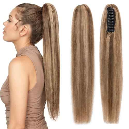 Human Hair Claw Clip Ponytail, Claw Clip Human Hair Ponytail,Effortless Application with Secure Hold,Style in Seconds,Quick Styling Solutions for Busy Lives 16"/109g Medium Brown Mix Dark Blonde