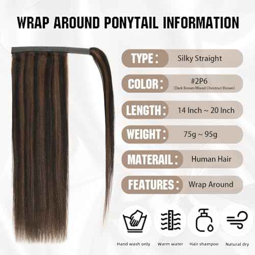 Ponytail Extension Human Hair 20 Inch Dark Brown to Chestnut Brown Silky Straight Clip in Hair Extensions Wrap Around Ponytail Hair Piece for Girls(20 Inch Dark Brown to Chestnut Brown #2P6 95G)