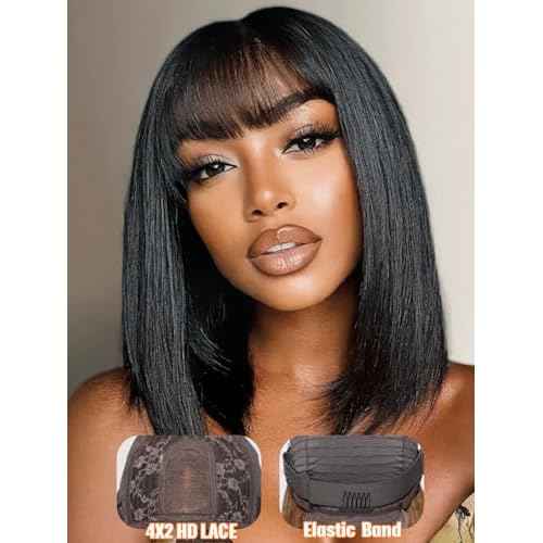 Julia Hair 10 Inch Light Yaki Straight Bob Wig with Bangs Human Hair Glueless 2x4 HD Lace Realistic Short Black Ready to Wear Blunt Cut Bob Wigs Natural for Black Women Beginner Friendly