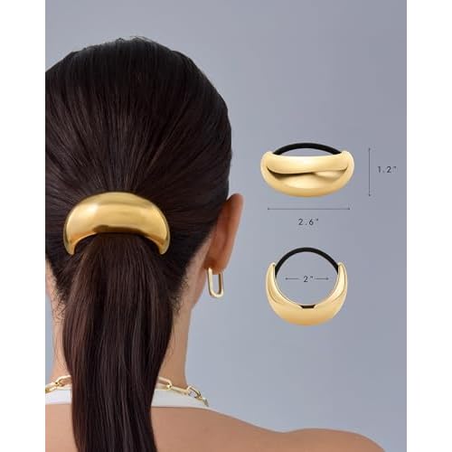 PAVOI 14K Yellow Gold Plated Waterproof Chunky Metal Hair Band Ponytail Holders for Women - Stainless Steel Statement Cuff Fashion Accessories - Stretchy Gold Hair Ties