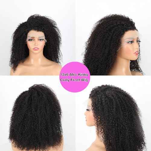Domiso 13x6 Lace Front Wigs Human Hair Afro Wig 200% Density Afro Kinky Curly Transparent Lace Frontal Wigs for Women Glueless Wigs Human Hair Knots Bleached Pre Plucked with Baby Hair 16 Inch