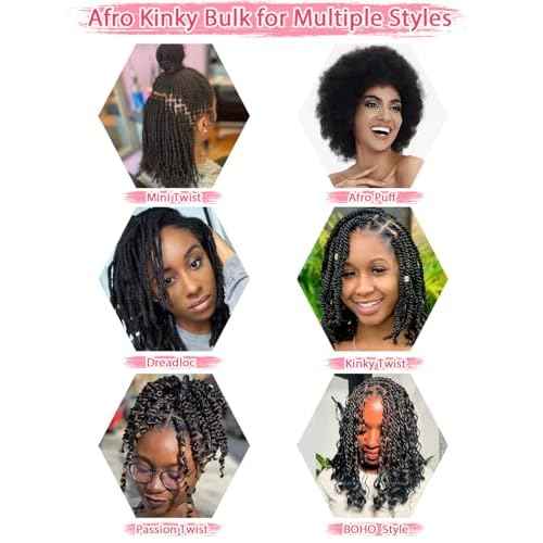 REBECCA FASHION Afro Kinky Bulk Human Hair 50g/Pack Braiding Hair for Dreadlock Extensions, Loc Repair, Afro Kinky Curly Human Hair Bulk for Twist 22 Inch Natural Black Color