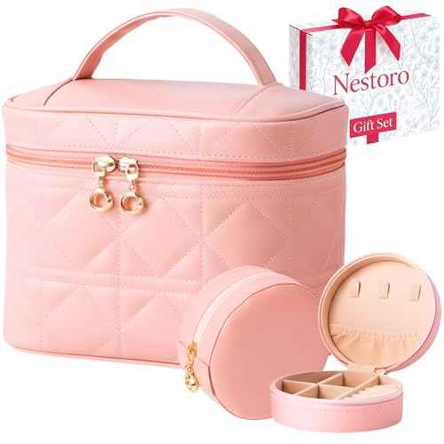 NESTORO Travel Toiletry Makeup Bag with Jewelry Case, Gift for Women, Pink Quilted PU Leather