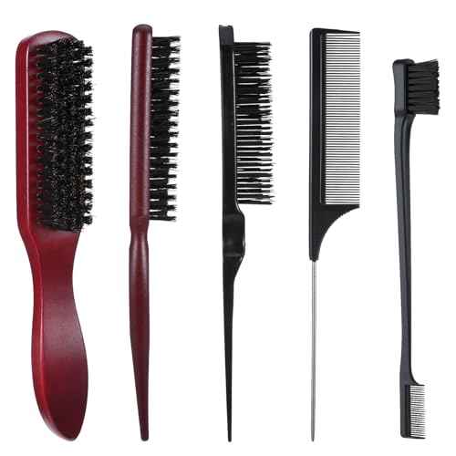 cobee 5 Pcs Slick Back Hair Brush Set, Bristle Hair Brush Edge Control Brush Teasing Comb, Wax Stick for Hair & Wig Flyaways, For Smooth Hair Parting Smooth Flyaways