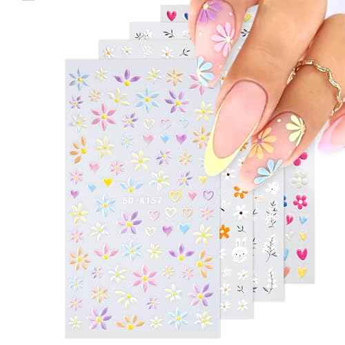 Nail Stickers, 4 Sheets Floral 5D Embossed, Self-Adhesive for DIY Manicure