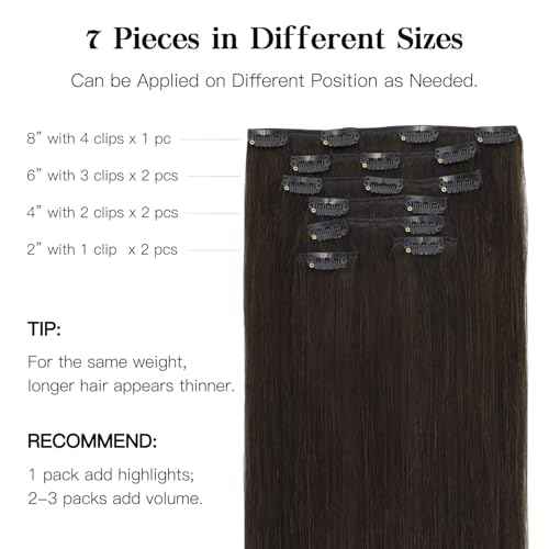 HOTBANANA Human Hair Clip in Hair Extensions, Dark Brown 120g Clip in Hair Extensions Real Human Hair Straight Remy Hair 22 Inch 7pcs