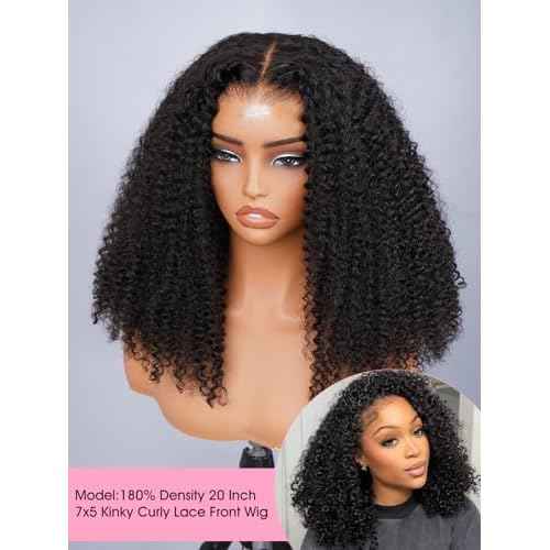 Glueless Wigs Human Hair Pre Plucked Pre Cut 18 Inch 7x5 Kinky Curly Lace Front 180% Density Glueless Wigs Human Hair for Women Wear and Go Closure Wig with Breathable Cap Natural Hairline