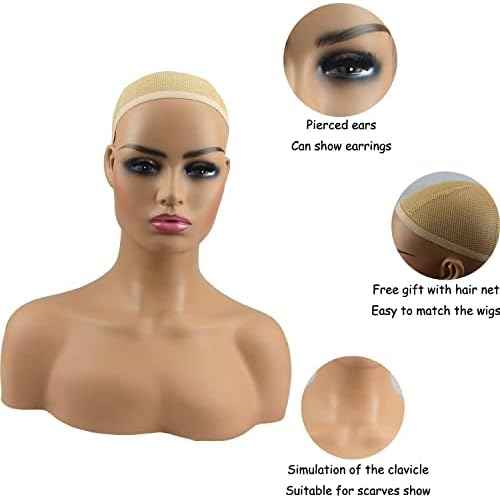 Realistic Female Mannequin Head with Shoulder Manikin PVC Head Bust Wig Head Stand for Wigs Display Making,Styling,Sunglasses,Necklace Earrings, Light Brown Color
