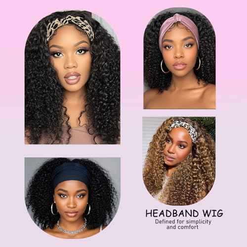 Kinky Curly Headband Wig Human Hair 26 Inch Human Hair Headband Wig for Black Women Culry None Lace Front Wigs Glueless Human Hair Wigs Natural Color