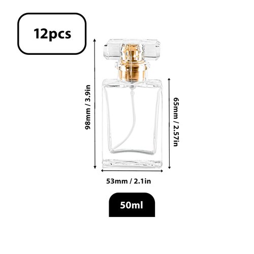 Glass Perfume Bottle Empty Refillable 12Pack Clear Travel Perfume Spray Atomizer Bottle 50ml Perfume Fine Mist Spray Perfume Bottle Atomizer Container with Sprayer Applicator (Clear Square 50ml 12PCS)