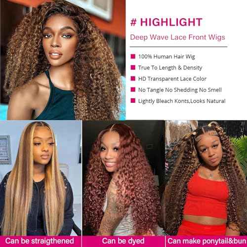 13x6 Highlight Deep Wave Lace Front Wigs Human Hair Ombre 4/27 Curly HD Lace Frontal Wig for Women 180% Density Pre Plucked Glueless Honey Blonde Wig 18 Inch