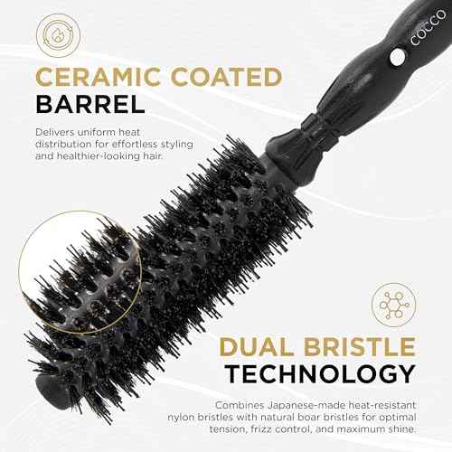 COCCO Black Series Ceramic Boar Brush S3, Hair Styling Brush with Dual Bristle Technology, Ceramic-Coated Barrel, Ergonomic Design, 41 mm