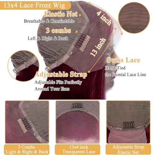 Azkiu 32 Inch 99J Burgundy Lace Front Wigs Human Hair 13x4 Straight Lace Frontal Wigs Human Hair Pre Plucked Wine Red Colored Straight Wig Human Hair Red Wig for Women 150% Density