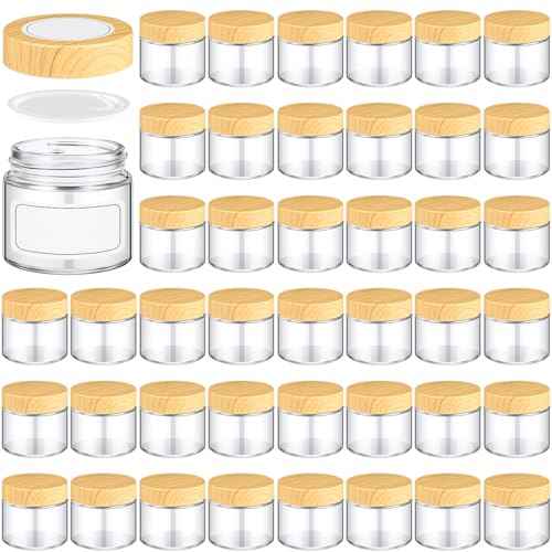 Layhit 96 Pcs 2oz Glass Jars with Lids Clear Small Jars with Plastic Woodgrain Lids, White Labels and Inner Liners Empty Round Cosmetic Containers for Creams Lotions Candle Making (2oz/ 60ml)
