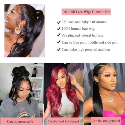 Body Wave 360 Lace Front Wigs Human Hair Pre Plucked Lace Frontal Wigs with Baby Hair for Black Women Natural Black (24 Inch)