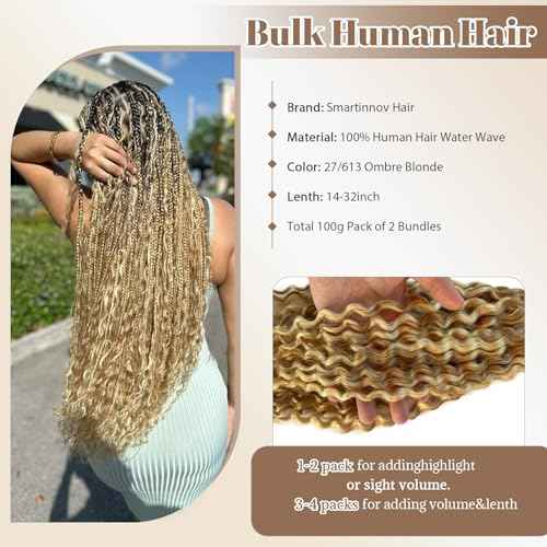 Boho Braids Blonde Human Braiding Hair Deep Water Wave Bulk Human Hair 100g 24 Inch Curly for Boho Braids Hair Extensions No Weft 2 Bundles/Pack for Women Ombre Honey Blonde to Bleached Blonde